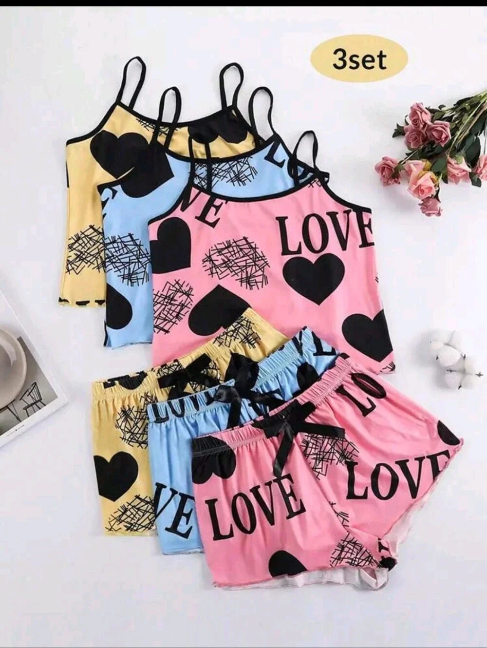 Women’s Heart Print Cami & Short Sleep Set - Pink, Blue, Yellow